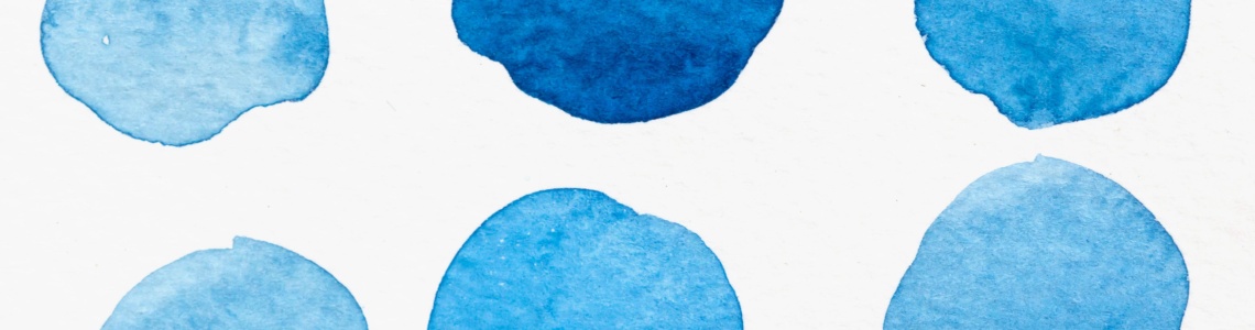 A set of six watercolour blue circles in different shades.