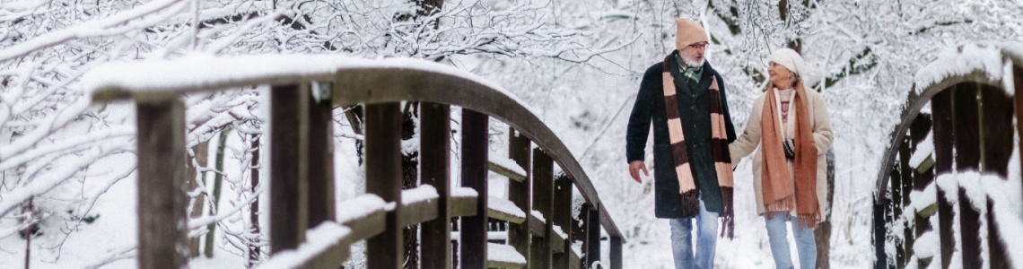 A couple walking across a bridge in the snow