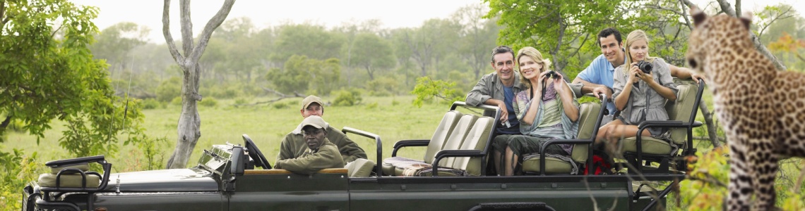 A group of tourists on safari taking a photo of a leopard.